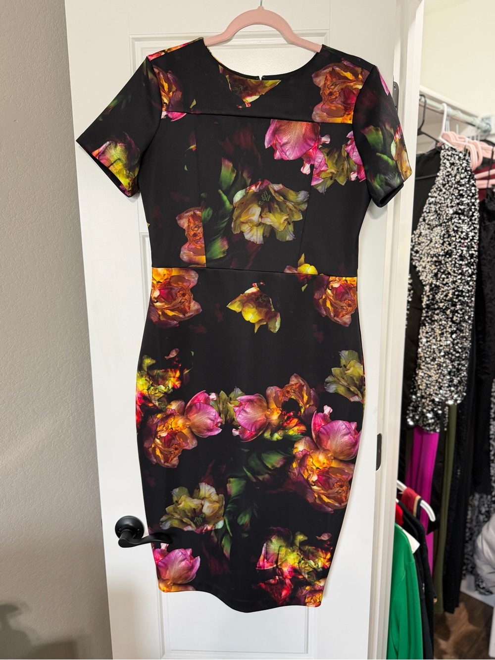 Alexia Admor Black Midi Dress with Pink & Yellow Floral Print